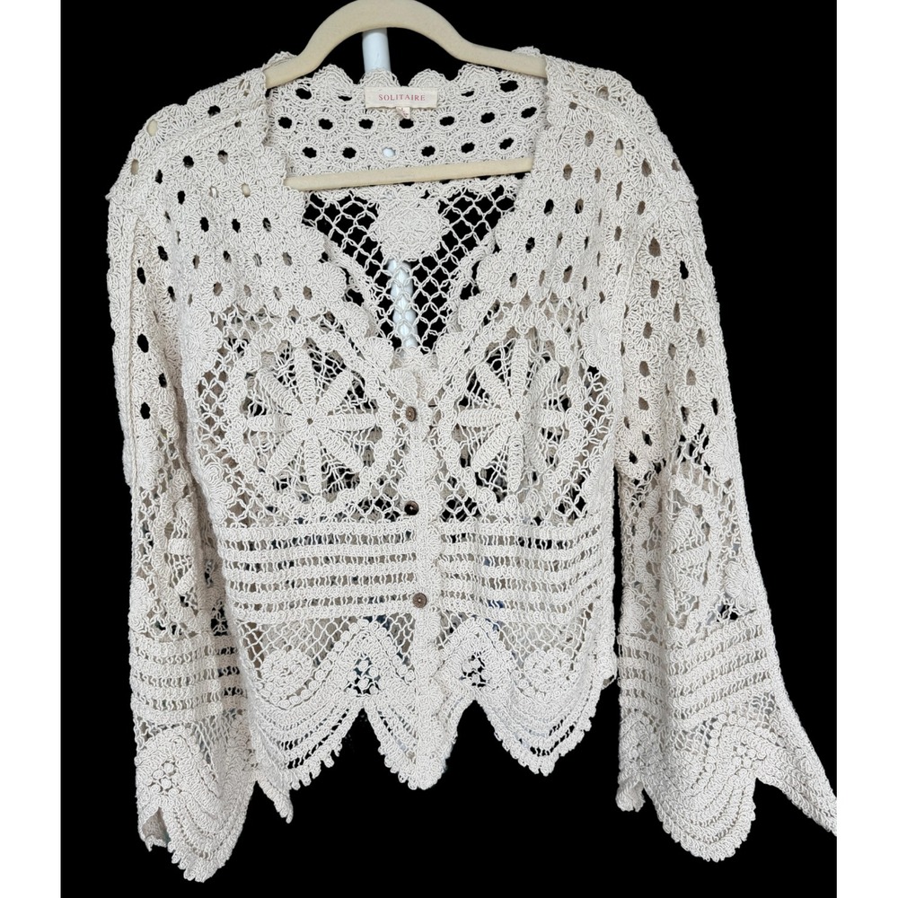 Solitaire Y2K Open Knit Crochet Flare Sleeve Overlay Size L Boho Fairy Festival